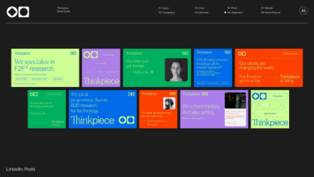 A dark webpage displays ten colorful rectangular cards with text and images, promoting topics like F2F research, advisory, and digital content, arranged in two rows. The top menu features links in white text.