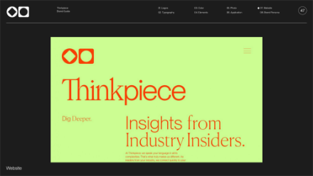 Screenshot of a website with a light green background featuring bold orange text that reads “Thinkpiece” and “Insights from Industry Insiders.” Smaller yellow text says “Dig Deeper.” Black navigation bar is at the top.
