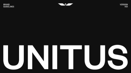 A black background with UNITUS in large white letters at the bottom. Brand Guidelines appears in small text at the top left, Version V01 at the top right, and a small, abstract white logo is centered above.