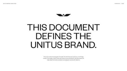 White page with a black bird logo above large bold text reading, “This document defines the Unitus brand.” Smaller, faint text is visible below, and minimal details appear at the top corners.