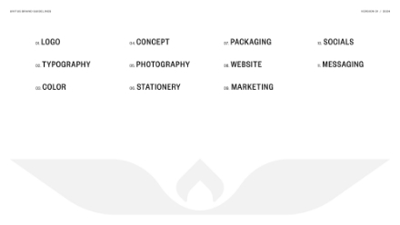 A list of branding elements in black text on a white background, including logo, concept, packaging, socials, typography, photography, website, messaging, color, stationery, and marketing. Pale graphic at the bottom.