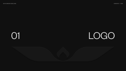 A minimal black slide with 01 on the left, LOGO on the right, and a faint abstract wing design with a small flame symbol in the center near the bottom.