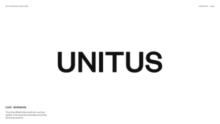 The word UNITUS is centered in bold, black, uppercase letters on a plain white background. Small text in the corners and lower left provides additional information.