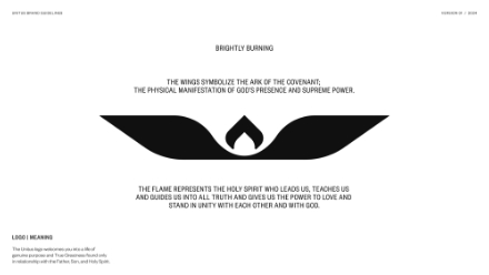 A black logo featuring two extended wings and a central flame symbol, with text above and below explaining the wings represent Gods presence and power, and the flame represents the Holy Spirits guidance and unity.