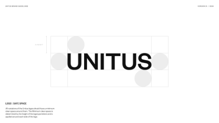 A black bold UNITUS logo is centered on a white background, surrounded by light gray circles and alignment guides, illustrating the logo’s safe space and proportions.