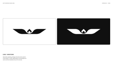 Two versions of a stylized logo featuring a central flame-like shape flanked by curved wings, shown in black on white and white on black backgrounds. Text below describes logo usage and color guidelines.