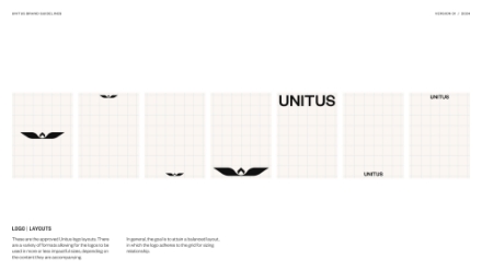 A series of six grid panels shows the gradual construction and scaling of the UNITUS logo, featuring a black emblem and the word UNITUS at different sizes and positions. Text explains logo layout principles.