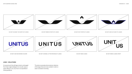 A guide displaying logo violations for a brand, showing six incorrect logo uses on top and four incorrect wordmark uses with UNITUS below, each with an example and a diagonal cross indicating improper use.