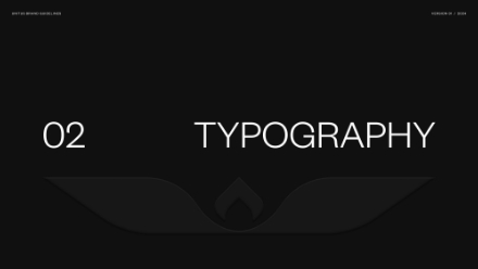 A black background with white text reads 02 TYPOGRAPHY in large, minimalist font. Abstract shapes are faintly visible below the text. Subtle header text appears in the top corners.