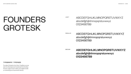 Sample page displaying the Founders Grotesk typeface in Light, Regular, and Medium weights, with uppercase, lowercase, and numbers; large Founders Grotesk text is shown on the left.
