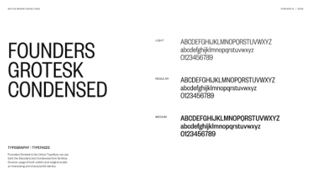 Sample of Founders Grotesk Condensed typeface in Light, Regular, and Medium weights, displaying uppercase, lowercase, and numeric characters, with a brief description on a white background.
