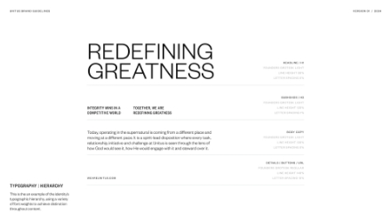 A minimalist webpage with bold text reading “Redefining Greatness.” Smaller subheadings and paragraphs about operating in a changing world are on the right, with a “Typography Hierarchy” note at the bottom left.