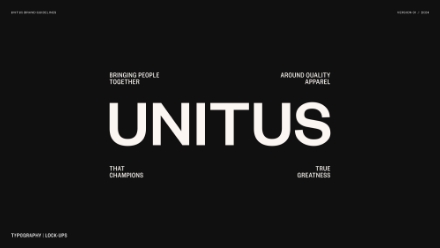 Black background with the word UNITUS in large white letters. Surrounding text reads: BRINGING PEOPLE TOGETHER, AROUND QUALITY APPAREL, THAT CHAMPIONS, and TRUE GREATNESS.