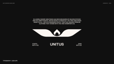 A minimalist graphic with a stylized white flame logo and the word UNITUS below it. The text above reads about greatness starting with individuals and ending with everyone. The background is dark with small white text.