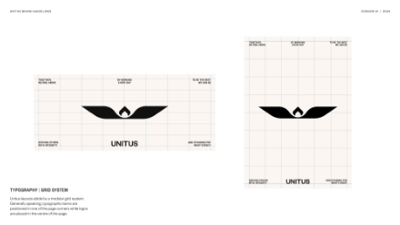 A black abstract logo resembling wings or a stylized bird is centered above the word UNITUS on a light grid background, displayed in both horizontal and vertical formats with spacing guidelines.