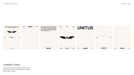 A sequence of design grids shows the progressive development of a logo and the word UNITUS, with a focus on typography and spacing. The logo features a stylized winged icon above the word. Text and grids are minimal and precise.