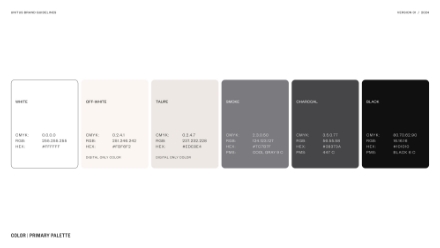 A color palette with six rectangular swatches labeled: White, Off White, Taupe, Smoke, Charcoal, and Black. Each swatch lists corresponding CMYK, RGB, HEX, and PMS color codes.