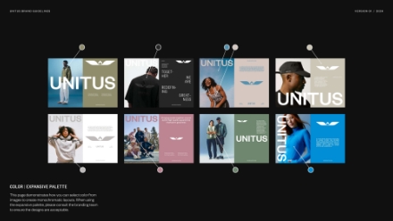 A digital mood board displays ten fashion-themed UNITUS posters in various colors and styles, with color palette circles and a description titled Color Expanded Palette on a black background.