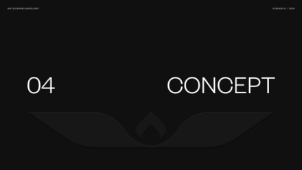 A black slide with white text reads 04 CONCEPT. A subtle abstract dark shape spans the lower part of the slide. Small text appears in the top corners.