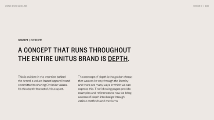 Screenshot of a web page with the heading A concept that runs throughout the entire Unitus brand is depth. Subheadings and body text discuss the importance of depth in the brands identity and expression.