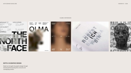A row of five contemporary graphic design posters with blurred and layered text and images, showcasing depth effects; the leftmost features THE NORTH FACE in bold letters.