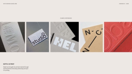 A collage of five close-up images showcases embossed and debossed print designs, featuring various words and textures on white, gray, beige, and red paper surfaces.