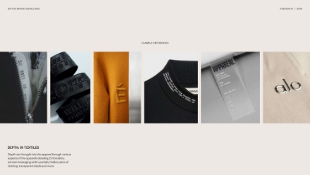 A row of five close-up images showing textile details: black fabric bands, mustard yellow fabric with stitched emblem, black garment label, transparent clothing tag, and tan fabric with metallic alo logo. Text below reads DEPTH: in TEXTILES.