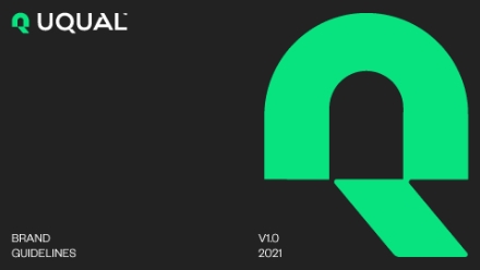 Black background with UQUAL in white text and a green geometric Q shape on the right. Small white text at the bottom reads BRAND GUIDELINES V1.0 2021.