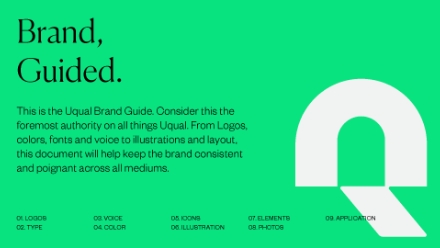 A green page titled Brand, Guided. introduces the Uqual Brand Guide, explaining its purpose in maintaining brand consistency. A large white letter Q appears on the right, with a menu of brand topics listed at the bottom.