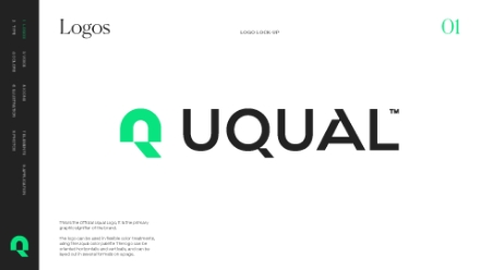 A white page displays the UQUAL logo with a green and black stylized Q followed by UQUAL in bold black letters. The left and top edges have minimalist black and green accents and navigation text.