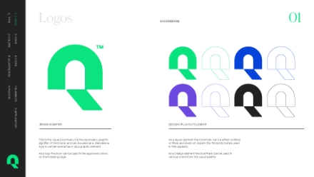 A page displaying a green geometric Q logo on the left, with variations of the same Q in green, blue, black, and outlines on the right. Text about logo usage appears above and below the images.