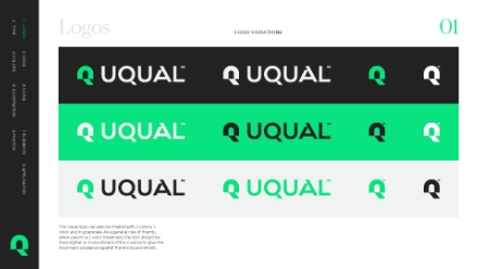 A branding guide showing five variations of the UQUAL logo in different color schemes: white on black, white on green, black on white, green on black, and green on white, each with a Q icon.