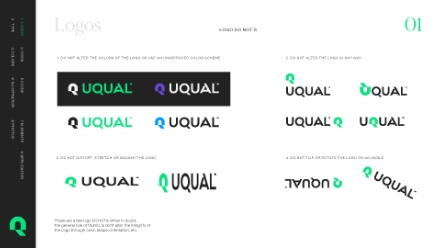 A brand guidelines page showing acceptable and unacceptable uses of the UQUAL logo in various colors, orientations, and arrangements, with instructions to not alter the colors, stretch, rotate, or distort the logo.