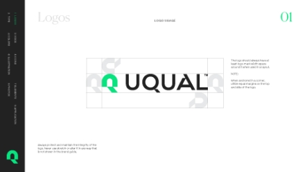 A digital branding guide shows the UQUAL logo in black text with a green and black stylized U icon. The page includes alignment and spacing guidelines, with brief usage instructions on a white background.