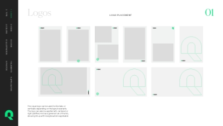 A digital design layout shows different logo placement options on documents, with a sidebar on the left and eight gray rectangles displaying various logo positions marked by green outlines and text.