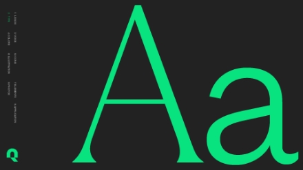 Large green uppercase and lowercase A in a serif font are displayed on a dark background, with small vertical text and a green logo along the left edge.