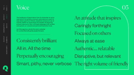 A green graphic with the heading Voice and the number 03. Left text describes the brand voice: Consistently brilliant, All in, Perpetually encouraging, Smart, pithy, never verbose. Right text lists qualities: An attitude that inspires, Caring, Focused on others, Authentic, Disruptive but relevant, The right volume of friendly.