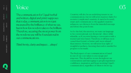 A green page with white and black text discussing the importance of clear, brief communication for a brand called Upual. The text is organized in columns with a minimalist design and Voice and 03 highlighted at the top.