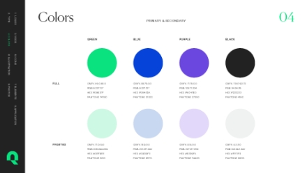 A design color palette showing primary and secondary colors: green, blue, purple, and black, each with full and lighter priority shades, alongside their RGB, HEX, and Pantone codes.
