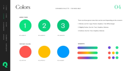 A color palette guide shows green hues, tertiary colors (red, orange, blue), and gradients with circles and bars, including hex codes and usage notes for logos, text, graphics, and backgrounds.