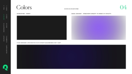 A digital style guide page displays three color swatches: a solid dark background, a purple gradient, and a dark gradient. The page heading reads Colors and each swatch is labeled with its intended use.