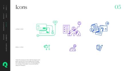A slide titled Icons displays examples of large and small line icons, including a credit card, report, gauges, and documents, shown in green, purple, and blue on a white background with a black sidebar.