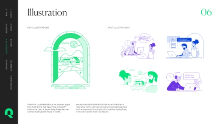 A page titled Illustration shows a large archway scene on the left and four small spot illustrations on the right, depicting people using technology in different work and learning environments.