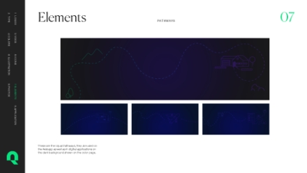 A webpage titled Elements with “Pathways” subtitle. The main area has a dark blue graphic with faint lines and icons, above three smaller dark preview images. A sidebar with menu options is on the left.
