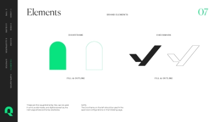 A digital slide titled Elements shows two design icons: a green doorframe labeled FILL & OUTLINE and a black and white checkmark labeled FILL & OUTLINE, with brief descriptions underneath each icon.