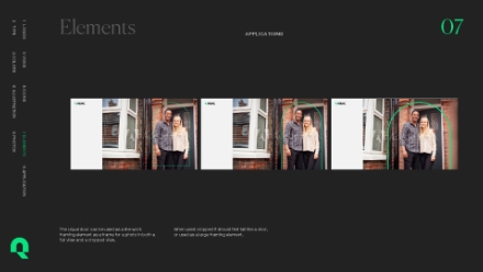 A dark-themed webpage displays three side-by-side photos of a man and woman standing outside a brick building, with navigation menus on the left and Elements and 07 at the top.