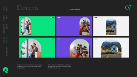 A digital slide titled Elements displays six image panels in three columns, each showing families or a camper van, with arched cutouts and colorful backgrounds in green, purple, and white.
