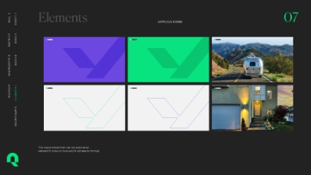 A dark-themed design board displays six rectangles: four with abstract green and purple graphics, and two with photos—one of an Airstream trailer on a mountain road, the other of a suburban house at dusk.