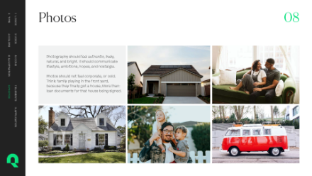 A presentation slide with the title Photos, featuring six images: suburban houses, families indoors and outdoors, a couple with a child, and a red and white vintage van. Text describes authentic, natural photography.