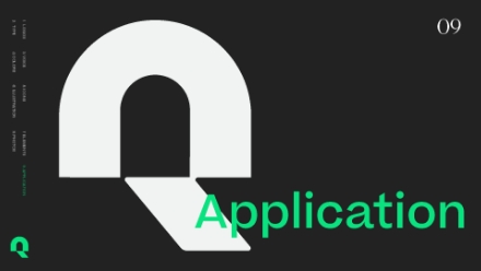 A dark background with a large, stylized white Q shape and the word Application in bright green text to the right. The number 09 appears in the top right corner.